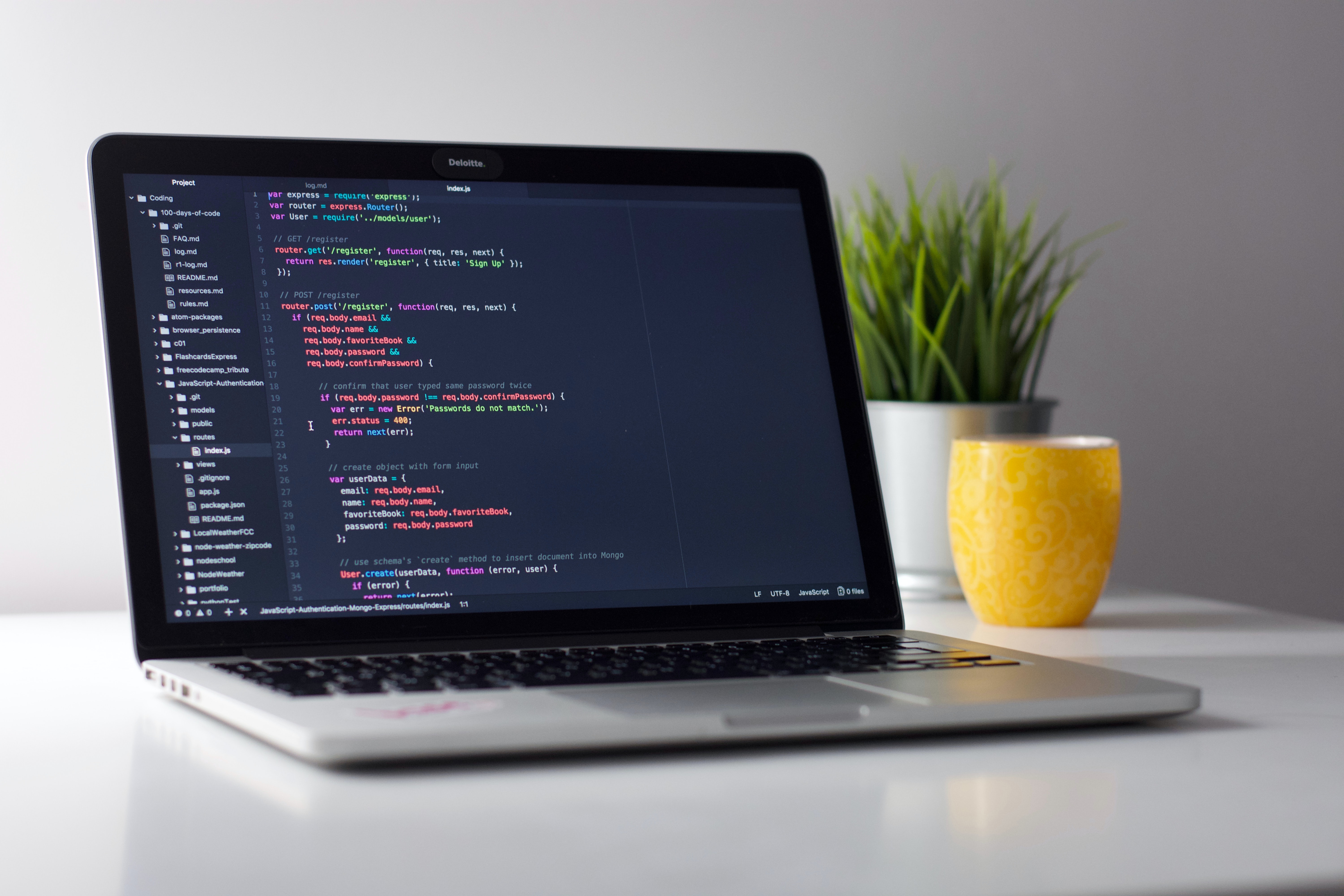 A laptop with code on the screen sitting next a plant